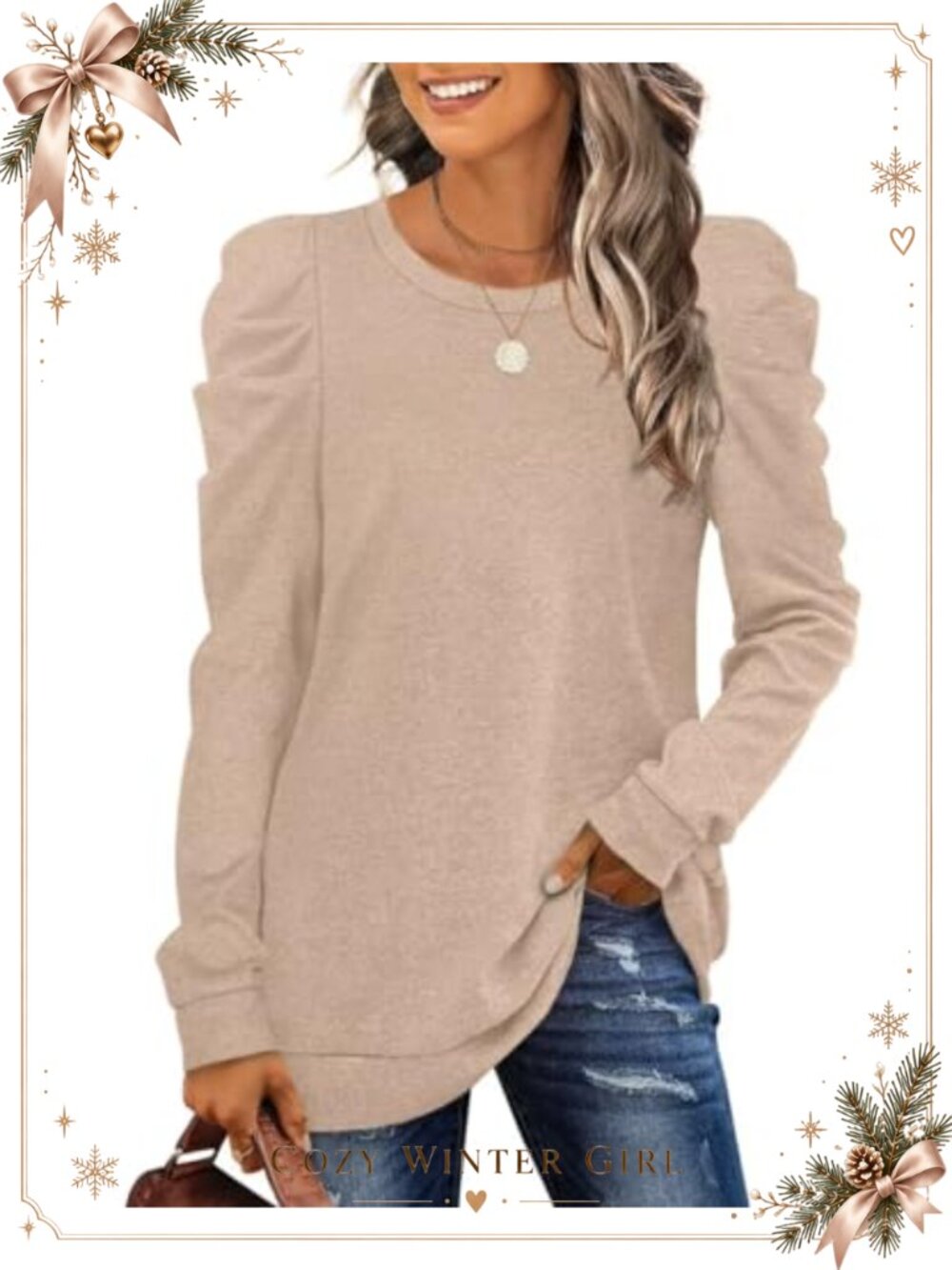 Puff Sleeve Crewneck Sweatshirt Womens Tunic Pullover Casual Top